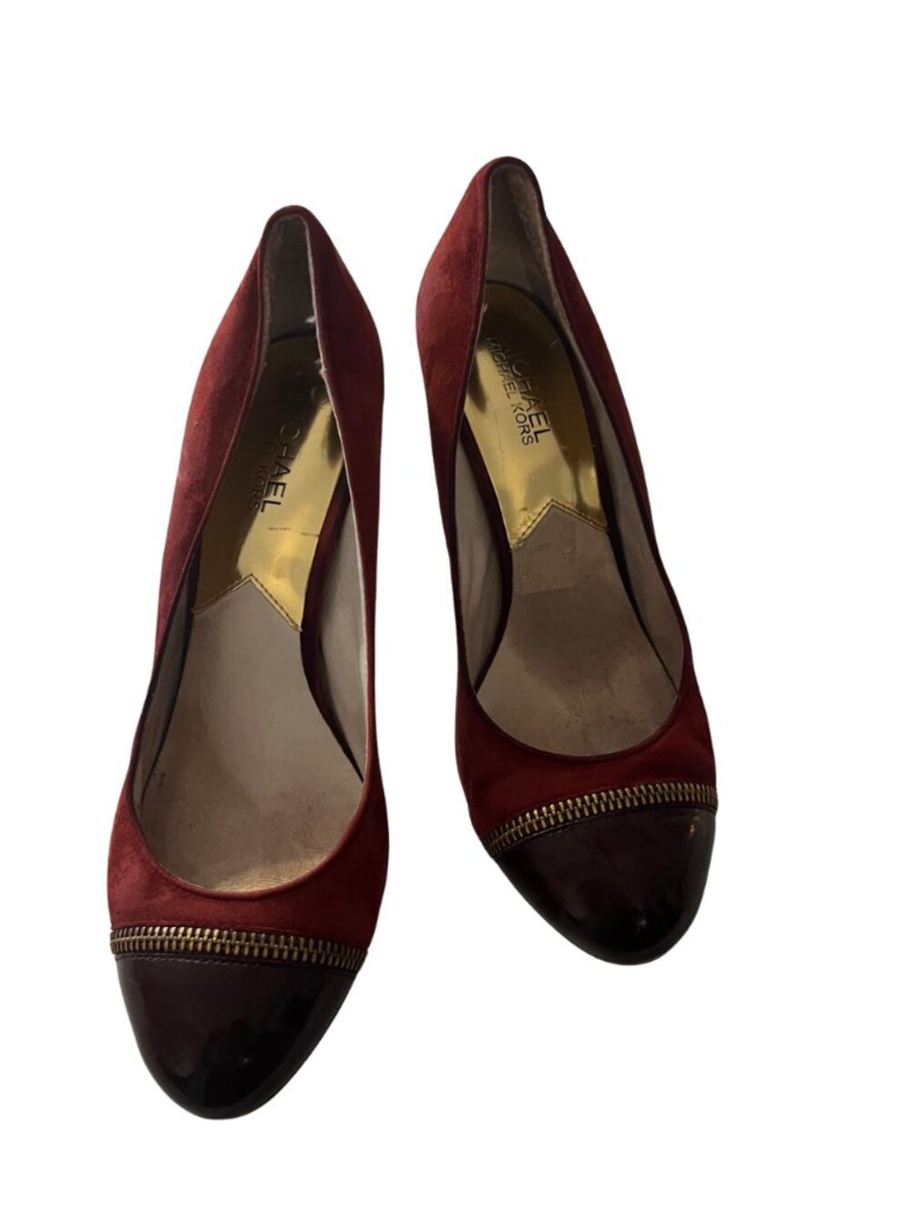 Michael Michael Kors 8M Burgundy Suede Cap Toe Pumps Gold Zip Trim High Heels